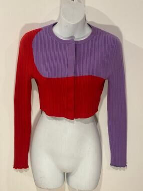 Victor Glemaud Colorblock Ribbed Knit Cropped Cardigan Sweater Purple Red Sz Sm